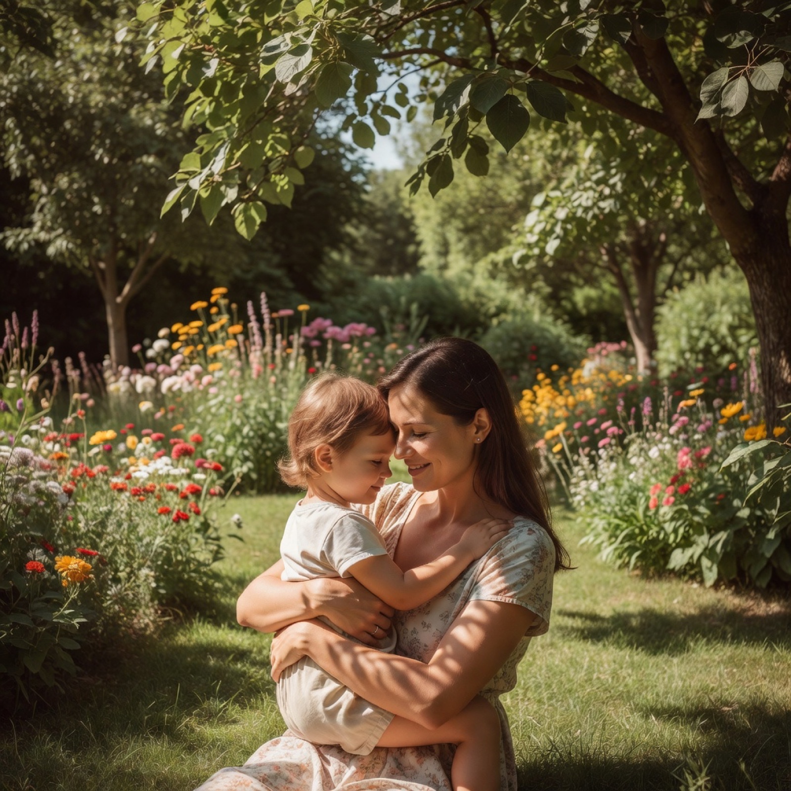 Mutter hält ihr Kind im sonnigen Garten im Arm